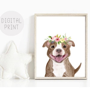 Dog Nursery Decor, Pit Bull Print, PRINTABLE, Watercolor Dog with Flower Crown, Baby Girl Room Decor, Pit Bull Wall Art