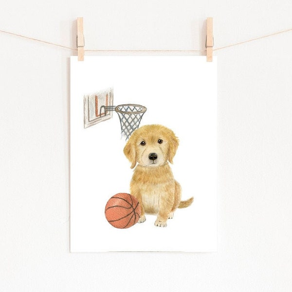 Basketball Nursery Print, PRINTABLE, Golden Retriever Puppy Playing Basketball, Basketball Nursery Decor, Animals Sports Toddler Wall Art