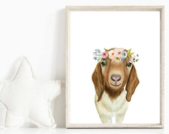 Baby Goat Watercolor Print, Pink Flower Crown, Farm Animal Nursery (Digital Download)