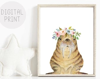 Watercolor Walrus Nursery Print, Pink Floral Crown (Digital Download)