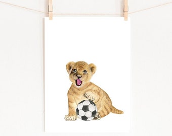 Baby Lion Watercolor PRINTABLE Nursery Decor Lion Cub Playing Soccer Boy Room Nursery Art Print Animals Sports Toddler Wall Art Printable