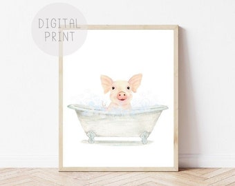 Piglet in a Bathtub Print, Bathroom Art PRINTABLE, Baby Pig Taking a Bath, Funny Bathroom Wall Art, Piglet Bubble Bathing, Kids Bathroom Art