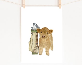 Golf Nursery Print, Highland Calf Watercolor Painting (Digital Download)