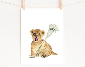 Lion Cub Lacrosse Watercolor Print, Nursery Safari Animals (Digital Download)
