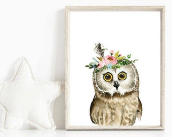 Floral Crown Owl Watercolor Print, Boho Nursery Decor (Digital Download)