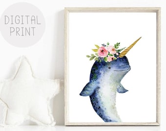Narwhal Flower Crown Watercolor Print, Ocean Nursery Decor (Digital Download)