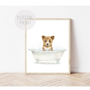 Bear Cub in a Bathtub Print, Bathroom Art PRINTABLE, Baby Bear Taking a Bath, Bathroom Wall Art, Bear Bubble Bathing, Kids Bathroom Decor