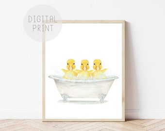 Three Yellow Ducklings in a Vintage Bathtub, PRINTABLE, Bathroom Wall Art, Baby Duck in Tub, Duckling Bubble Bathing, Kids Bathroom Art