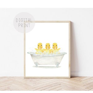 Three Yellow Ducklings in a Vintage Bathtub, PRINTABLE, Bathroom Wall Art, Baby Duck in Tub, Duckling Bubble Bathing, Kids Bathroom Art