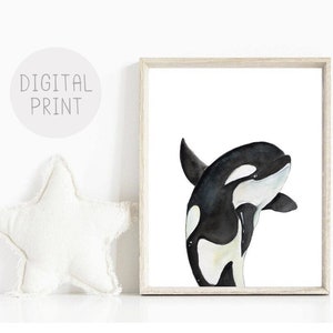 Orca Print, Killer Whale Art Print, PRINTABLE, Orca Nursery Wall Art, Whale Watercolor Painting, Ocean Nursery Art, Whale Painting