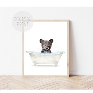 Baby Bear in a Bathtub Print, Bathroom Art PRINTABLE, Bear Taking a Bath, Funny Bathroom Wall Art, Bear Bubble Bathing, Kids Bathroom Art