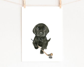 Hockey Puppy Watercolor Print, Boy Nursery Decor (Digital Download)