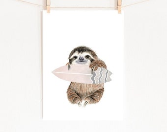 Surfer Sloth Watercolor Print, Surfboard, Nursery Decor (Digital Download)