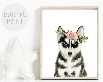 Watercolor Husky Puppy Print, Flower Crown, Nursery Decor (Digital Download)