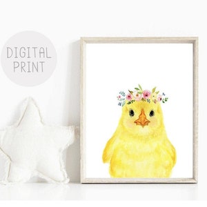 Farm Animals Nursery Décor Baby Chick Printable Watercolor Baby Chick with Flower Crown Baby Animal Posters Cute Chicken Nursery Wall Art