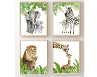 Jungledieren kinderkamerprintset, aquarel leeuw, zebra, giraf, olifant (digitale download)