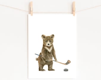 Hockey Nursery Décor PRINTABLE Baby Bear Playing Hockey Boy's Room Nursery Decor Hockey Fan Gift Toddler Wall Art Hockey Nursery Art