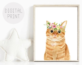 Cat Nursery Decor, Orange Tabby Cat Print, PRINTABLE, Watercolor Cat with Flower Crown, Baby Girl Room Decor, Ginger Cat Wall Art