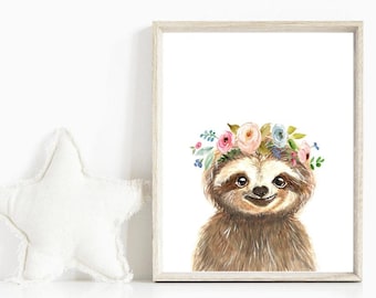Baby Sloth Nursery Print Sloth Watercolor Painting with Pink Flower Crown Floral Baby Animals PRINTABLE Baby Room Wall Art