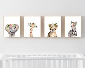 Safari Tier Kinderzimmer Drucke, Boho Floral, 4er Set (Digitaler Download)