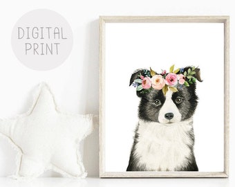 Puppy Nursery Decor, Border Collie Puppy Print, PRINTABLE, Watercolor Puppy with Flower Crown, Baby Girl Room Décor, Baby Dog Wall Art