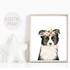 Puppy Nursery Decor, Border Collie Puppy Print, PRINTABLE, Watercolor Puppy with Flower Crown, Baby Girl Room Décor, Baby Dog Wall Art