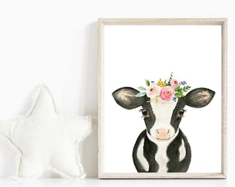 Farm Animals Nursery Decor Watercolor Painting Baby Cow with Pink Flower Crown Baby Animal Posters Calf Nursery Wall Art Printable