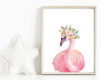 Impresión de flamenco con corona floral, arte infantil en acuarela (descarga digital)