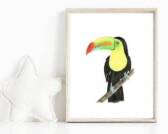 Toucan Watercolor Art Print, Tropical Nursery Decor (Digital Download)