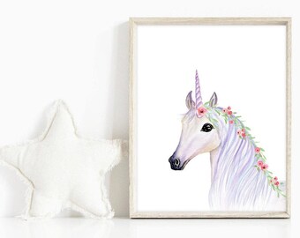 Floral Crown Unicorn Print, Watercolor Nursery Decor (Digital Download)