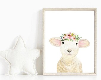 Baby Sheep Watercolor Print | Pink Flower Crown, Lamb Nursery Art (Digital Download)