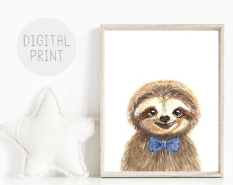 Baby Sloth Watercolor Nursery Print, Bowtie Animal (Digital Download)