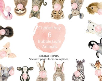 Custom Set of 6 Bubble Gum Animal Prints, PRINTABLE, Animals with Bubble Gum, Baby Girl Nursery Art, Bubble Gum Animals Wall Art