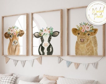 Farm Animals Watercolor Prints, Set of 3, Baby Nursery Decor