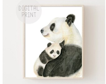 Panda Watercolor Nursery Art Print, Mama and Baby (Digital Download)
