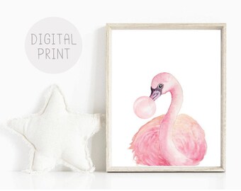 Watercolor Baby Flamingo Print, Pink Bubble Gum Animal (Digital Download)