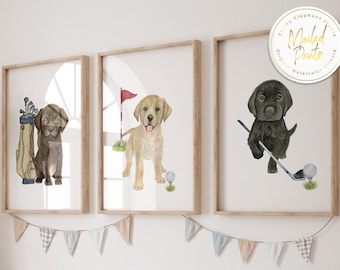 Puppy Playing Golf Prints, Set of 3 Golf Theme Nursery Wall Art, Baby Boy Nursery Decor, Golf Nursery Wall Art