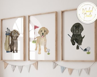 Puppy Golf Nursery Prints, Set of 3, Baby Boy Wall Art