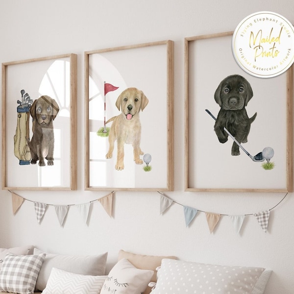 Puppy Playing Golf Prints, Set of 3 Golf Theme Nursery Wall Art, Baby Boy Nursery Decor, Golf Nursery Wall Art