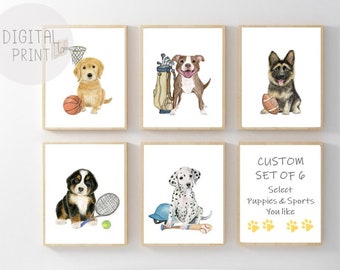 Custom Set of 6 Puppy and Sports Prints, PRINTABLE, Nursery Wall Art, Gender Neutral Nursery Decor