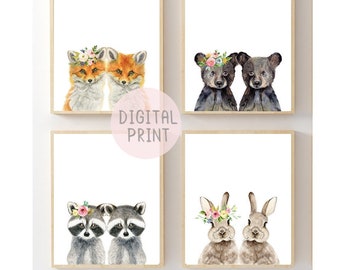 May include: Four digital prints featuring watercolor illustrations of animal pairs wearing flower crowns. The prints feature a pair of foxes, a pair of bears, a pair of raccoons, and a pair of rabbits.