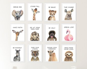 Safari Animal Nursery Prints, Inspirational Quote Art (Set of 12) (Digital Download)
