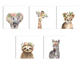 Watercolor Safari Animals Nursery Print Set: Floral Crown, Baby Animals (Digital Download)