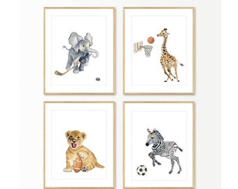 Sports Animals Print Set of 4 Watercolor Nursery Painting Decor Safari Animals Playing Hockey Basketball Soccer Football  Wall Art Printable