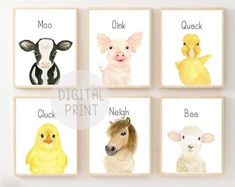 Farm Animal Nursery Prints, Watercolor Barnyard Art (Digital Download)