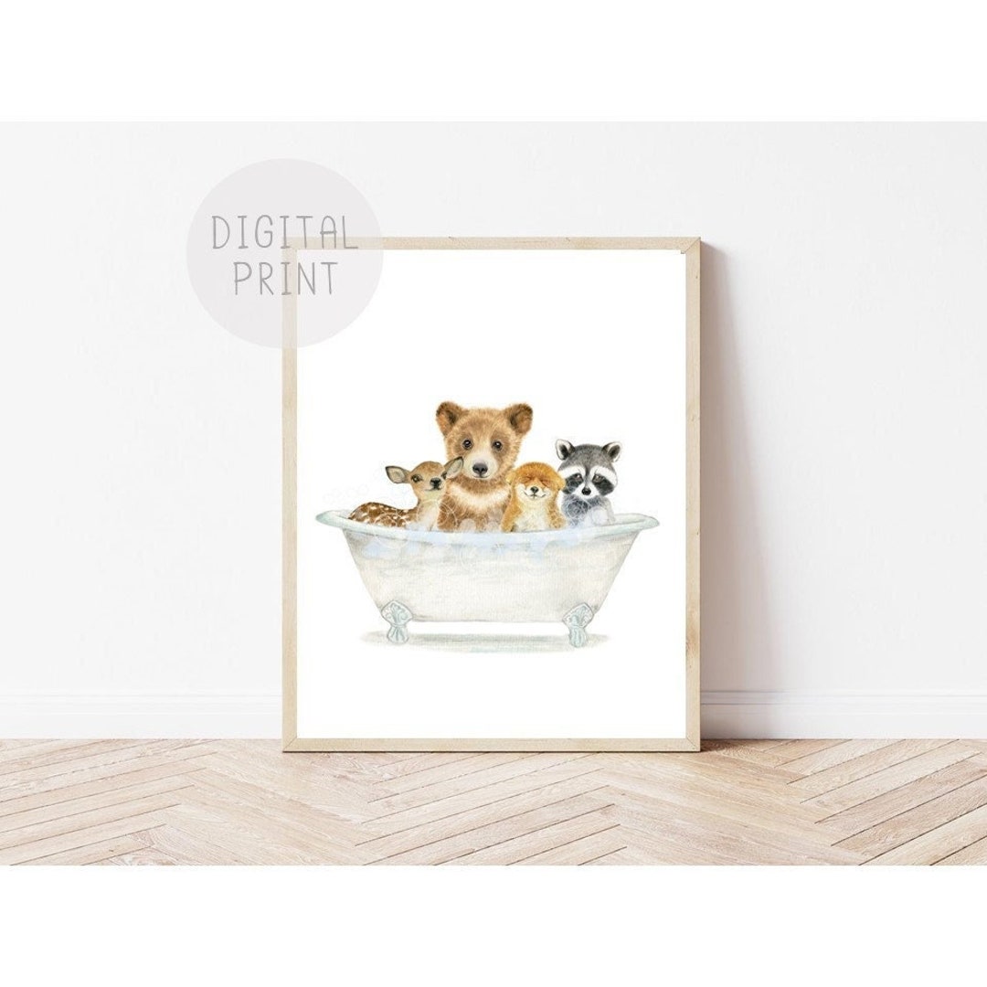 Woodland Animals in a Vintage Bathtub, PRINTABLE, Bathroom Wall Art