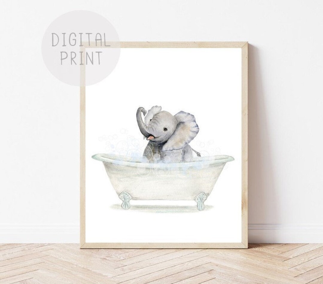Baby Elephant Bathtub, Bathroom Art PRINTABLE, Baby Elephant Bathing ...