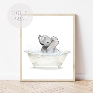 Baby Elephant Bathtub, Bathroom Art PRINTABLE, Baby Elephant Bathing, Funny Bathroom Wall Art, Elephant Bubble Bathing, Kids Bathroom Art