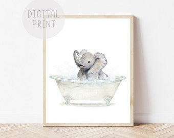 Baby Elephant Bathtub, Bathroom Art PRINTABLE, Baby Elephant Bathing, Funny Bathroom Wall Art, Elephant Bubble Bathing, Kids Bathroom Art