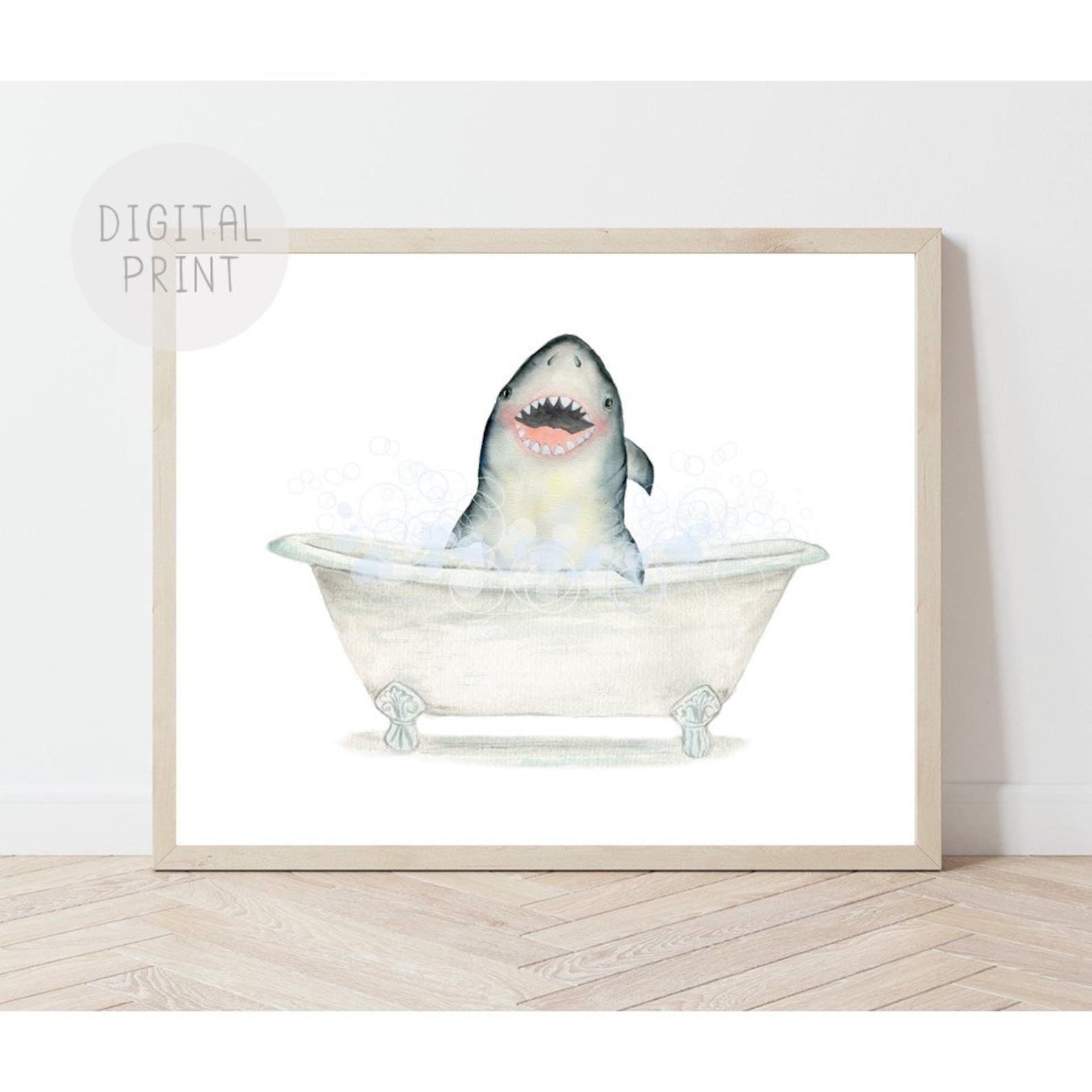 Baby Shark in a Bathtub Print Bathroom Art PRINTABLE Shark Etsy